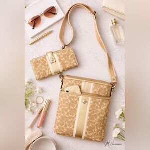 Coach Chelsea Heritage Stripe Swingpack & Wallet Set Khaki Gold